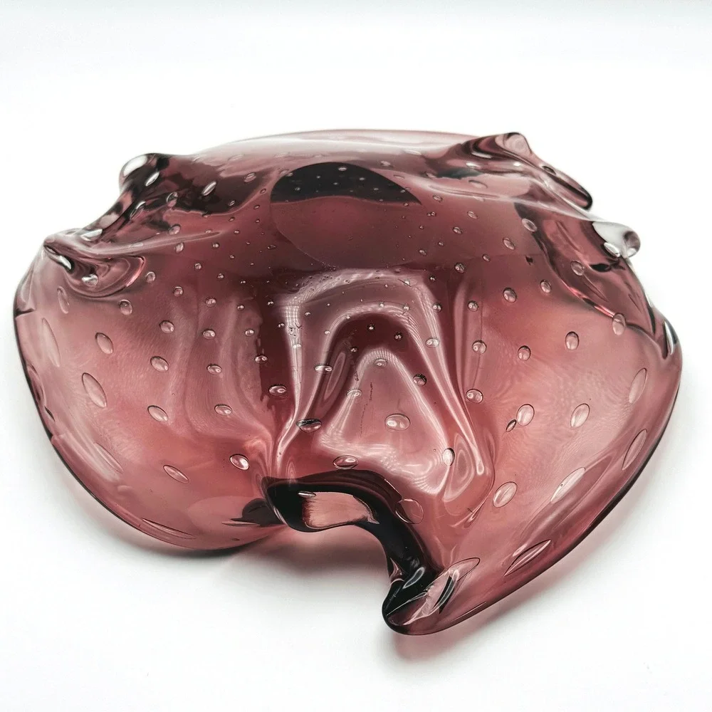 Vintage Amethyst Bullicante Art Glass Bowl Murano Style Controlled Bubble Dish